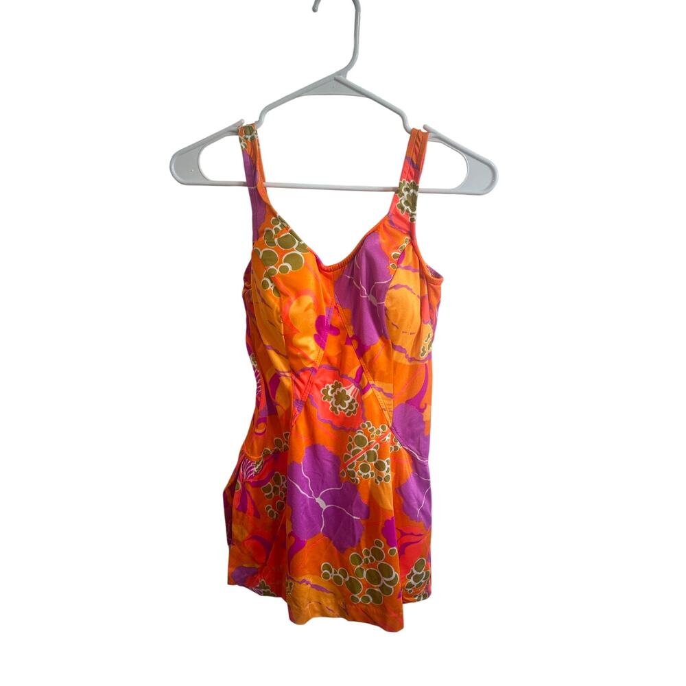 Vintage Jantzen One Piece Swimsuit 60s 70s Floral Orange Skirt Groovy Sz 16